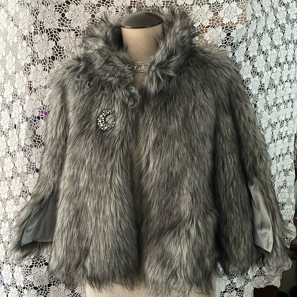 Faux silver fox fur and satin reversible cape